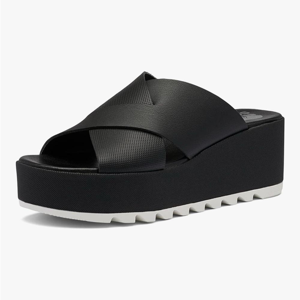 SOREL Women's Cameron Flatform Mule Sandals - Black, Sea Salt - Size 6.5